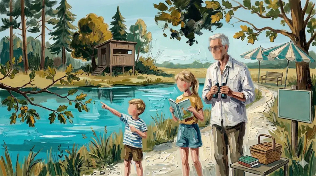 Grandfather birdwatching with his grandchildren