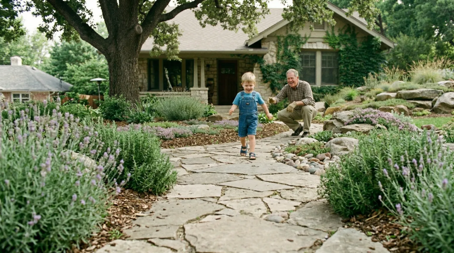 Grandchild running along a winding flagstone path lined with lavender and low-growing plants in a front yard landscape, with grandfather following behind