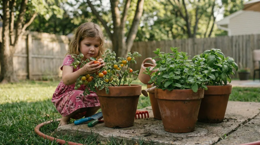 Child picking cherry tomatoes from potted plants with basil and herbs in a backyard garden