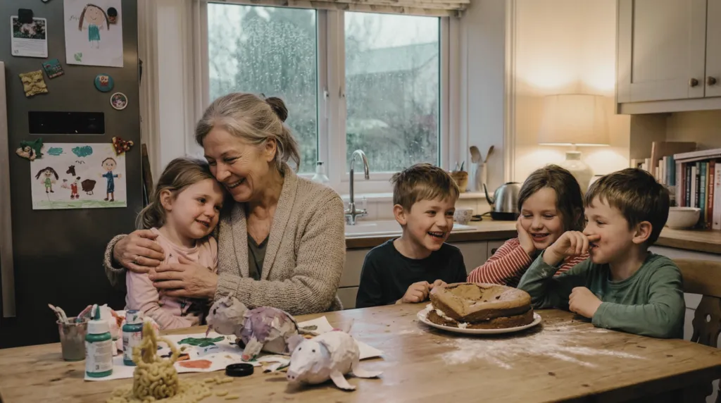 Grandmother hugging a grandchild at a messy kitchen table after a day of grandma camp, with papier-mâché crafts, paint supplies, a homemade cake, and children’s drawings on the fridge behind them