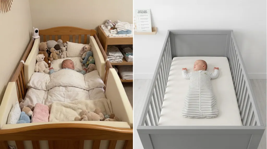 Side by side comparison of old-style crib filled with stuffed animals blankets and pillows versus modern safe sleep crib with baby sleeping on back in a sleep sack on a bare mattress